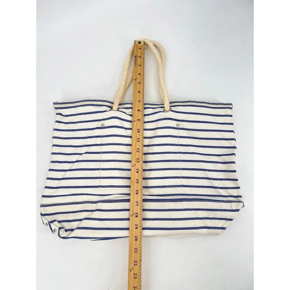 J. Crew Nautical Stripe Tote Bag with Rope Handles Cream‎ and Blue Cotton Canvas